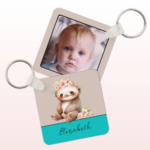 Personalized name cute sloth 1 photo turquoise keychain