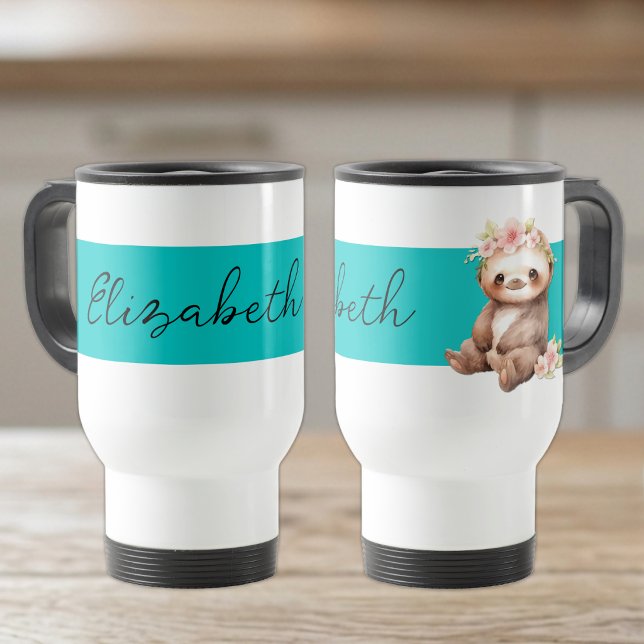 Personalized name cute sloth black turquoise travel mug (Creator Uploaded)