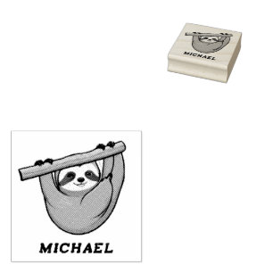 Personalized Name Cute Sloth on a Branch Rubber Stamp