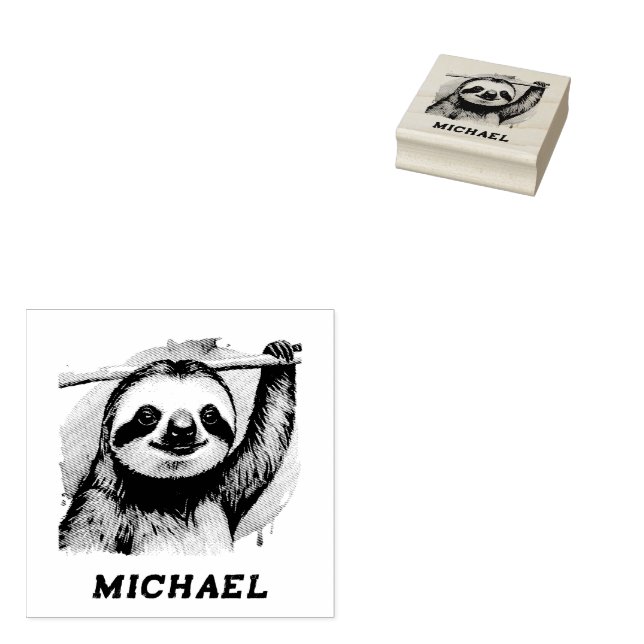 Personalized Name Cute Sloth on a Branch           Rubber Stamp (Stamped)