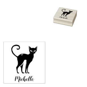 Personalized Name Cute Spooky Black Cat Halloween Rubber Stamp