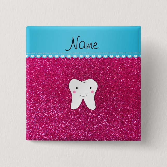 Personalized name cute tooth pink glitter 2 inch square button (Front)