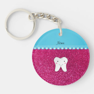 Personalized name cute tooth pink glitter keychain