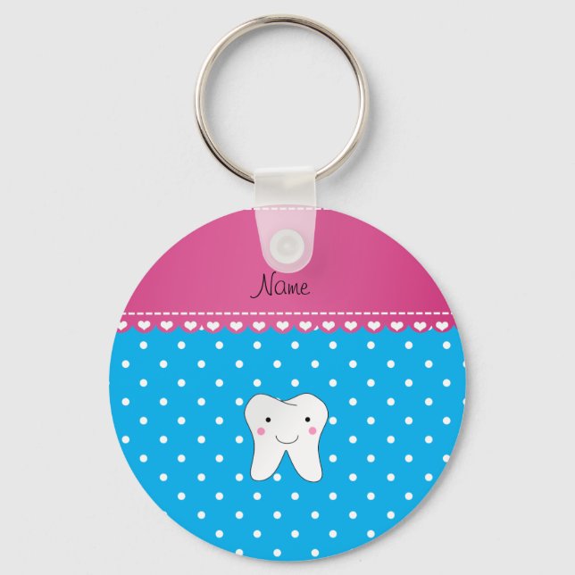 Personalized name cute tooth sky blue dots keychain (Front)
