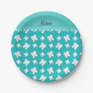 Personalized name cute turquoise tooth pattern paper plate