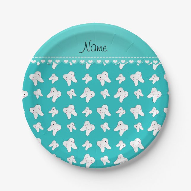 Personalized name cute turquoise tooth pattern paper plate (Front)