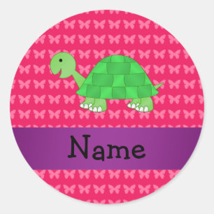 Personalized name cute turtle pink butterflies classic round sticker