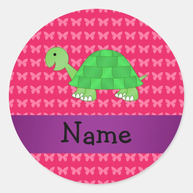 Personalized name cute turtle pink butterflies classic round sticker (Front)