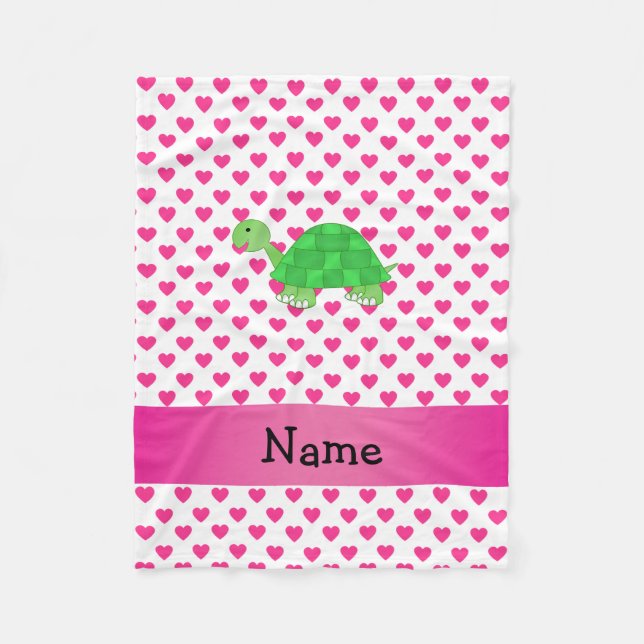 Personalized name cute turtle pink hearts fleece blanket (Front)