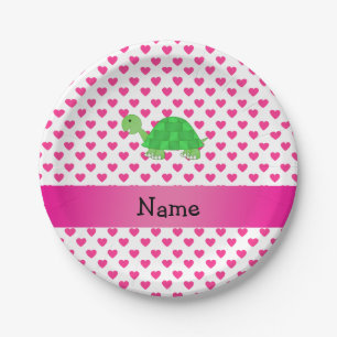 Personalized name cute turtle pink hearts paper plate