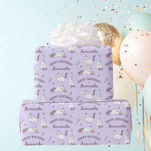 Personalized Name Cute Unicorn Cat Birthday Wrapping Paper