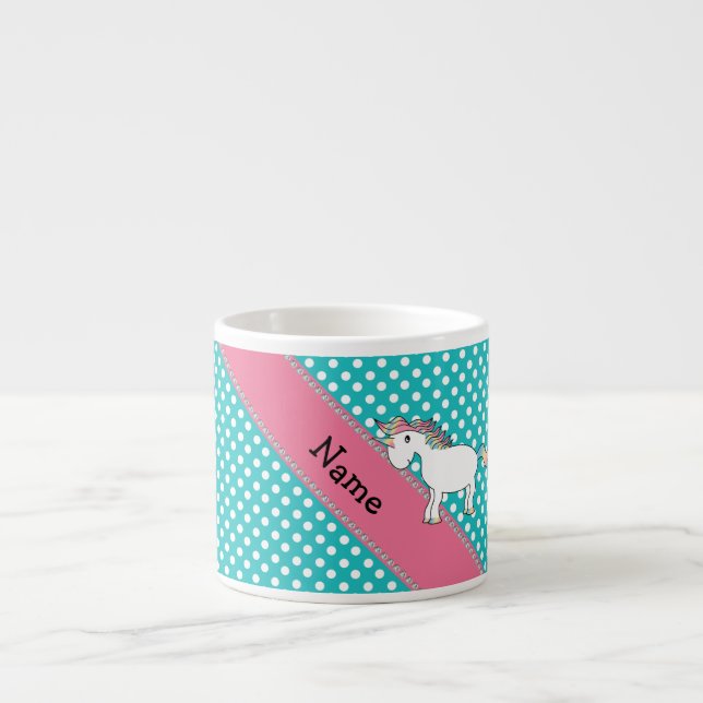 Personalized name cute unicorn turquoise dots espresso cup (Front)