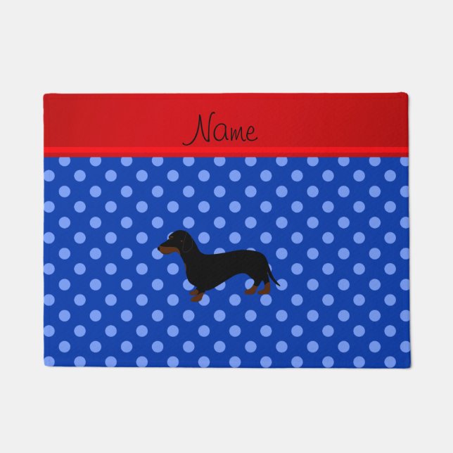 Personalized name dachshund blue polka dots doormat (Front)