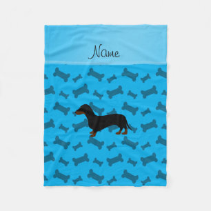 Personalized name dachshund sky blue bones fleece blanket