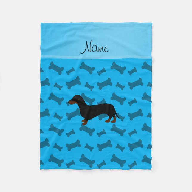Personalized name dachshund sky blue bones fleece blanket (Front)