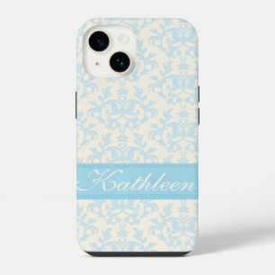 Personalized name damask light blue & cream iPhone 14 case
