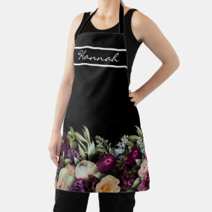 Personalized Name Dark Moody Elegant Floral Apron