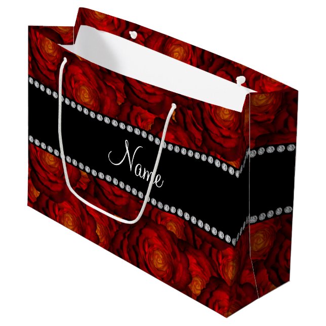 Personalized name dark red roses large gift bag (Front Angled)