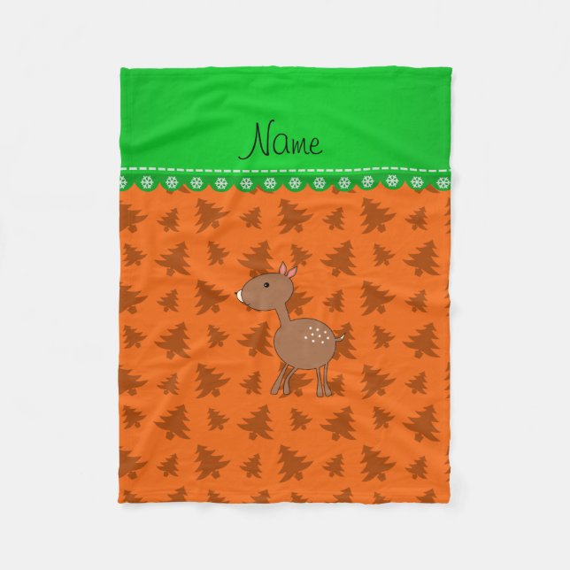 Personalized name deer orange christmas trees fleece blanket (Front)