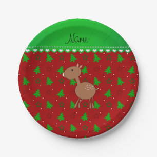 Personalized name deer red trees stars paper plate