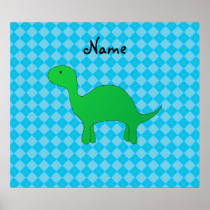 Personalized name dinosaur blue argyle poster
