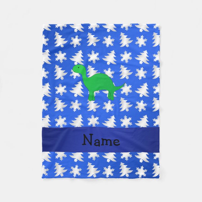 Personalized name dinosaur blue snowflakes trees fleece blanket (Front)