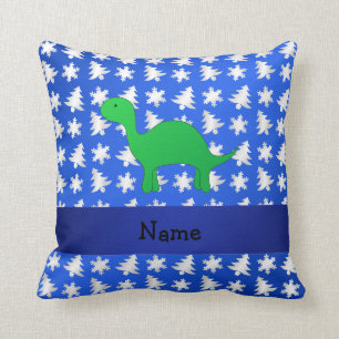 Personalized name dinosaur blue snowflakes trees throw pillow