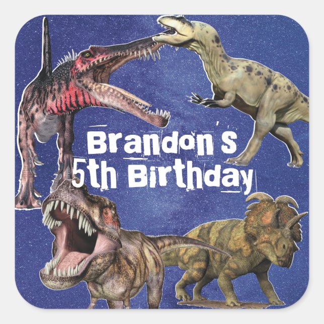 Personalized Name Dinosaur Boys Birthday Party Square Sticker (Front)