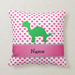 Personalized name dinosaur pink hearts polka dots throw pillow