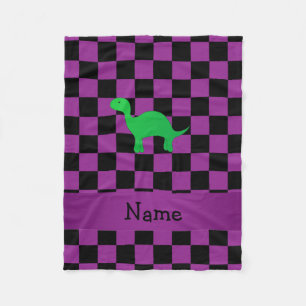 Personalized name dinosaur purple checkers fleece blanket