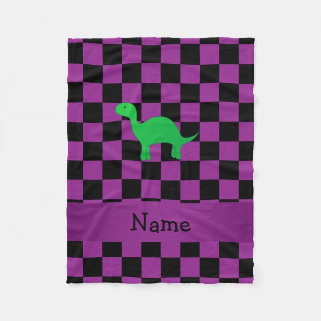 Personalized name dinosaur purple checkers fleece blanket (Front)