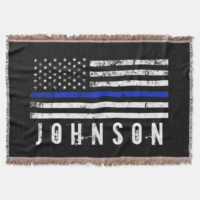 Personalized Name Distressed Police Flag Throw Blanket (Front)