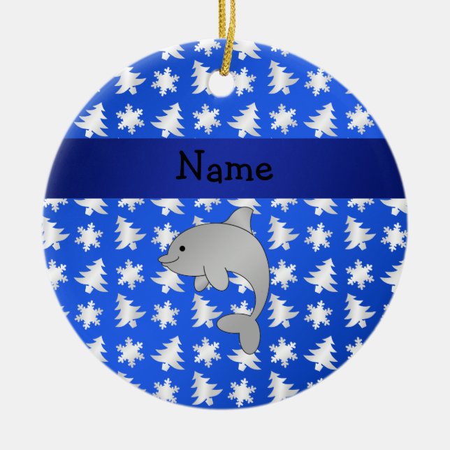 Personalized name dolphin blue snowflakes trees ceramic ornament (Front)