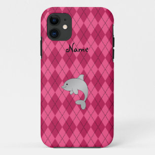 Personalized name dolphin pink argyle iPhone 11 case