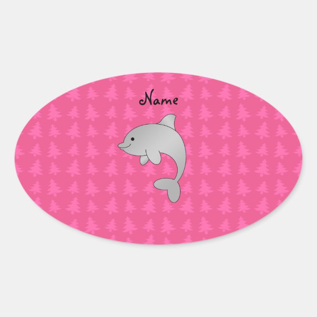 Personalized name dolphin pink christmas trees oval sticker (Front)
