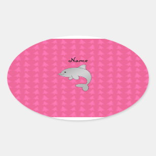 Personalized name dolphin pink christmas trees oval sticker