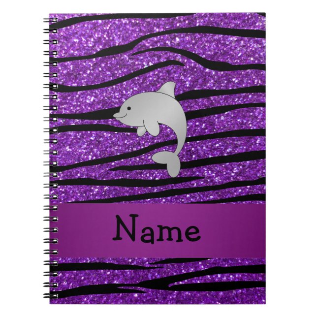 Personalized name dolphin purple zebra stripes notebook (Front)
