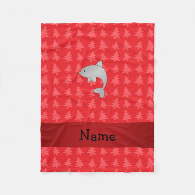 Personalized name dolphin red christmas trees fleece blanket (Front)