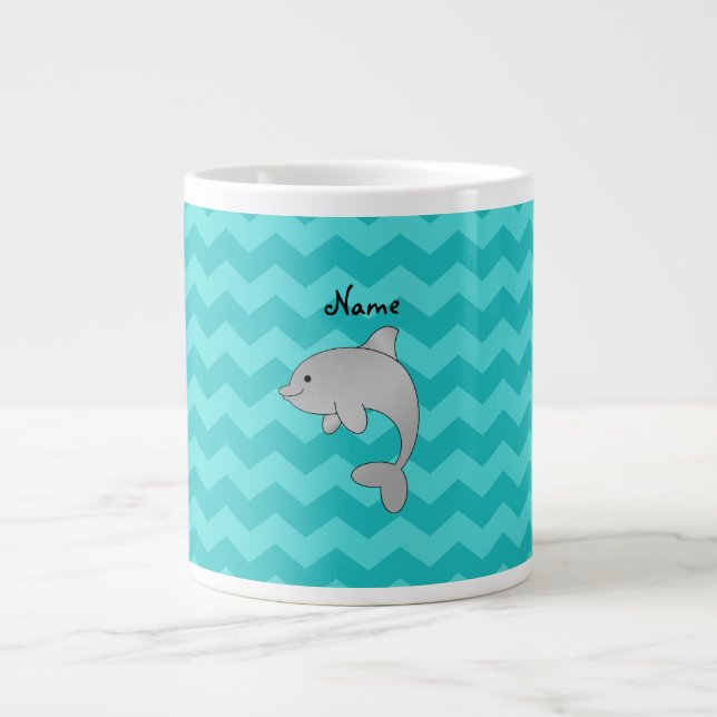 Personalized name dolphin turquoise chevrons large coffee mug (Front)