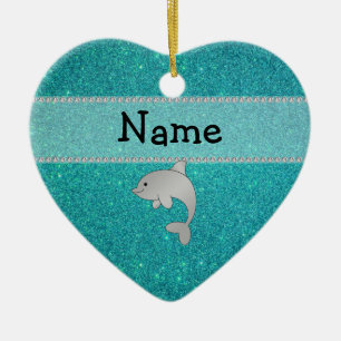 Personalized name dolphin turquoise glitter ceramic ornament