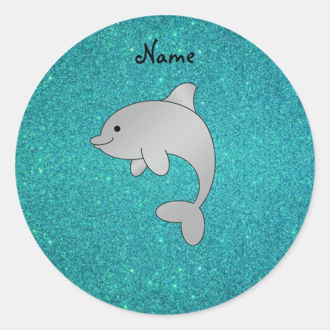Personalized name dolphin turquoise glitter classic round sticker (Front)