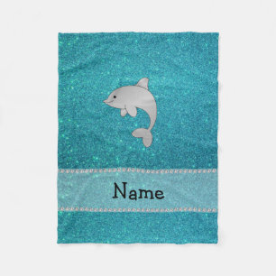 Personalized name dolphin turquoise glitter fleece blanket
