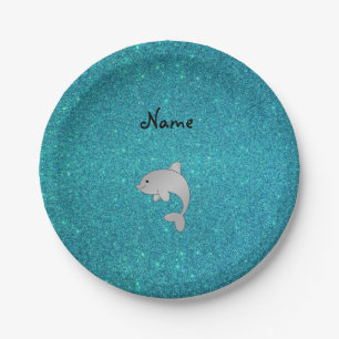 Personalized name dolphin turquoise glitter paper plate