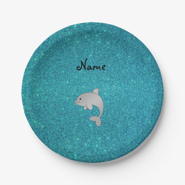 Personalized name dolphin turquoise glitter paper plate (Front)
