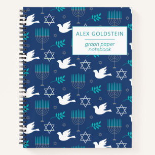 Personalized Name Dove Blue Menorah Hanukkah Notebook