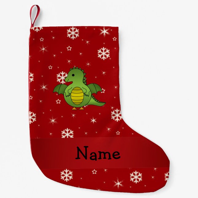 Personalized name dragon red snowflakes small christmas stocking (Front)