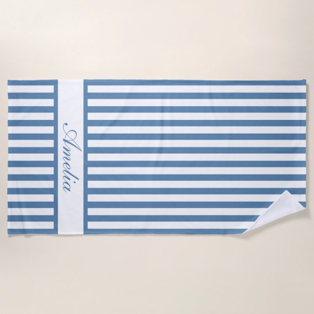 Personalized Name Dusty Blue Stripes Beach Towel (Front)