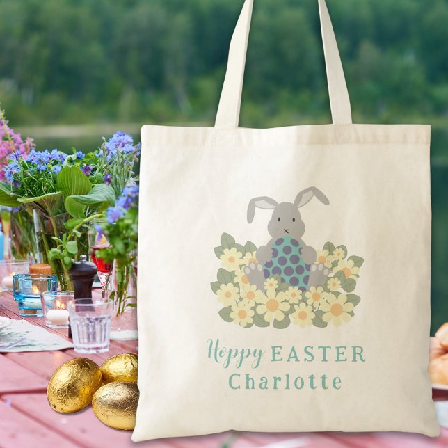 Personalized Name Easter Egg Hunt Bunny Floral Tote Bag (Modern Personalized name easter egg hunt cute bunny spring floral tote bag)
