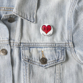Personalized Name EKG Red -- Watercolor Heart 1 Inch Round Button