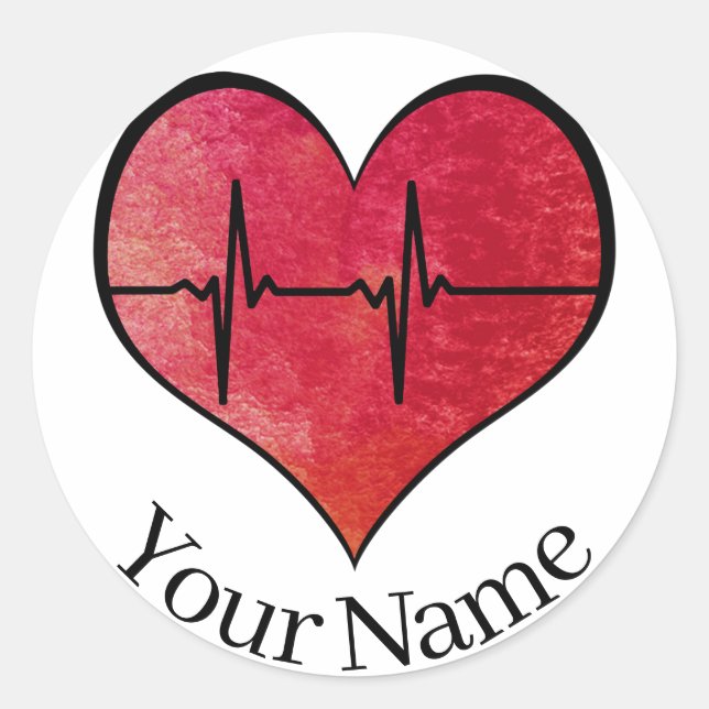 Personalized Name EKG Red -- Watercolor Heart Classic Round Sticker (Front)